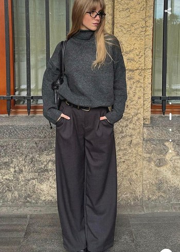 Bershka Bershla Gri Oversize Balikci Yaka Kazak