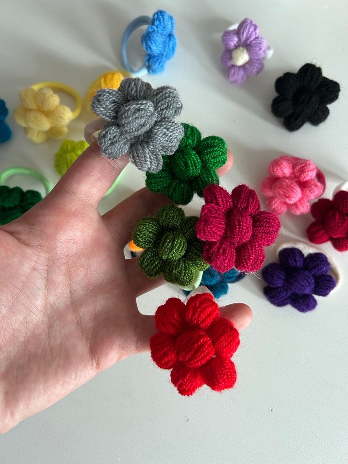 Renkli Örgü Çiçekli Çocuk Saç Tokaları - Görsel 2