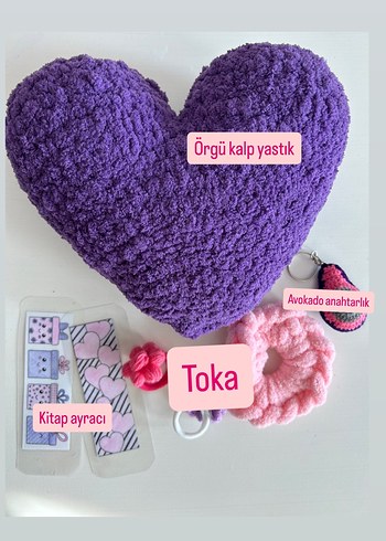 Mor Örgü Kalp Yastık ve Aksesuar Seti - Görsel 2