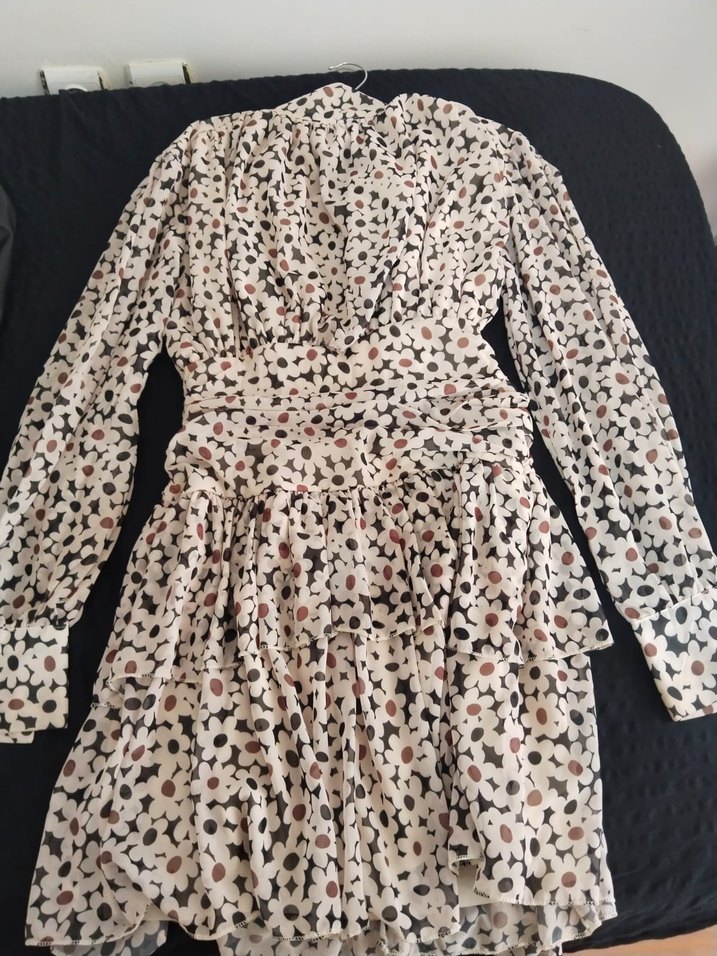 Uzun Kollu V Yaka Desenli Mini Elbise - Görsel 2