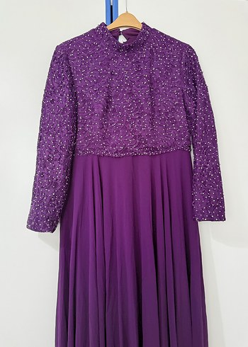 Kadın Mor Uzun Kollu Pilili Abiye Elbise - Görsel 2