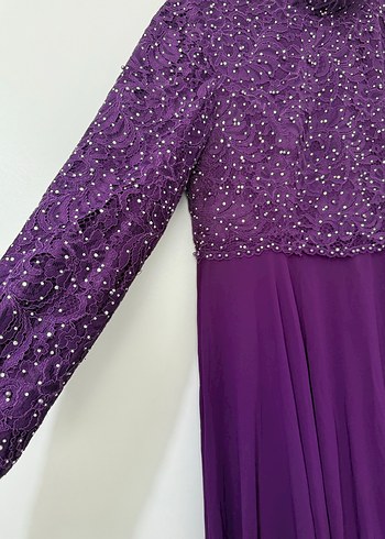 Kadın Mor Uzun Kollu Pilili Abiye Elbise - Görsel 4