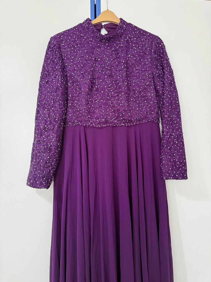 Kadın Mor Uzun Kollu Pilili Abiye Elbise - Görsel 2