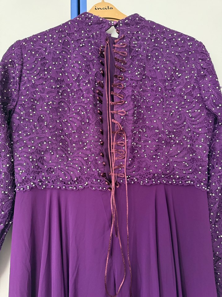 Kadın Mor Uzun Kollu Pilili Abiye Elbise - Görsel 5