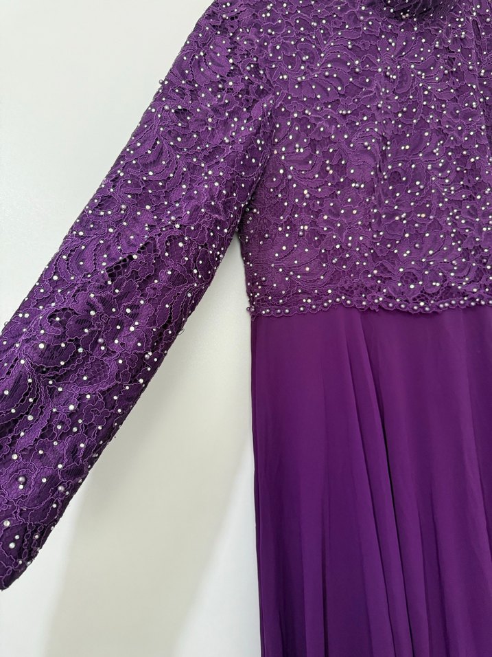 Kadın Mor Uzun Kollu Pilili Abiye Elbise - Görsel 4