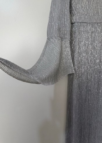 Gri Uzun Kollu Pliseli Kadın Elbise/Abiye - Görsel 4