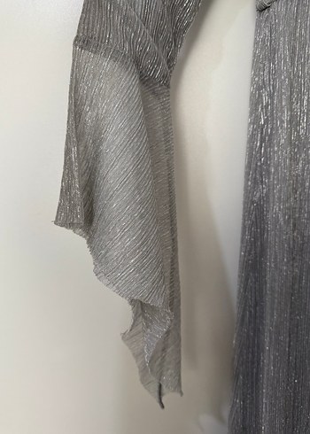 Gri Uzun Kollu Pliseli Kadın Elbise/Abiye - Görsel 3