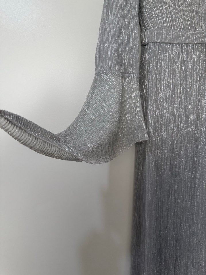 Gri Uzun Kollu Pliseli Kadın Elbise/Abiye - Görsel 4