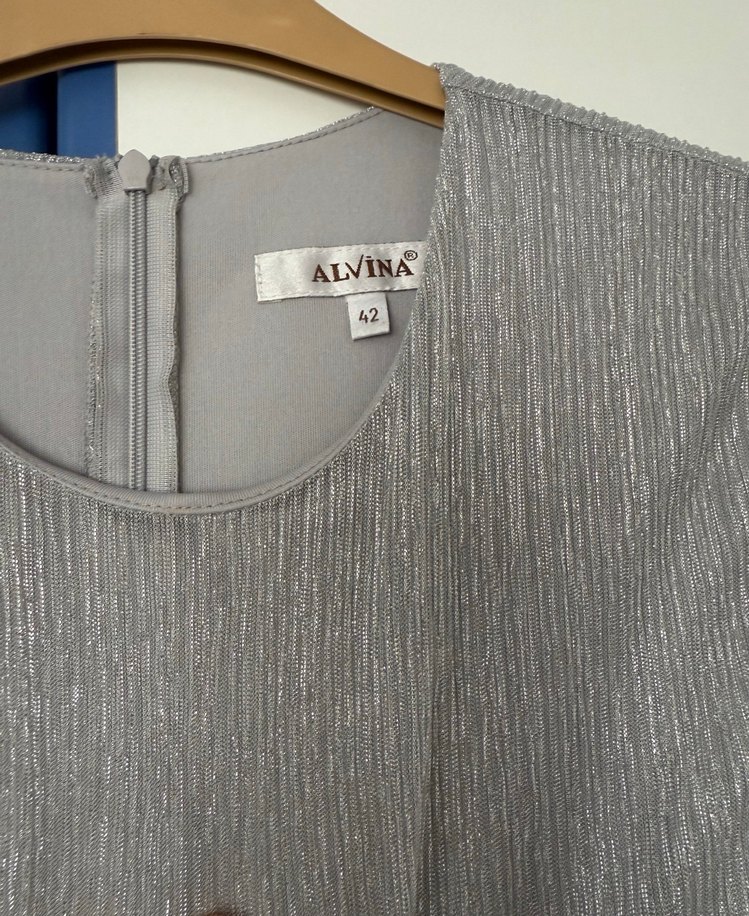 Gri Uzun Kollu Pliseli Kadın Elbise/Abiye - Görsel 2