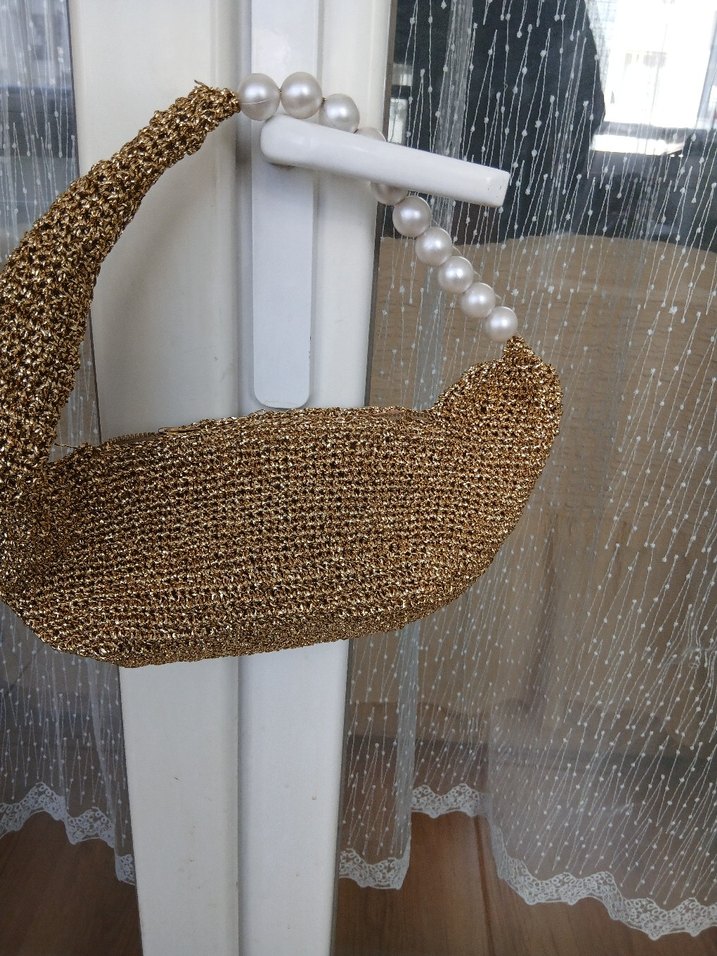 Boncuklu Altın Renkli Örgü Kadın Çanta - Görsel 3