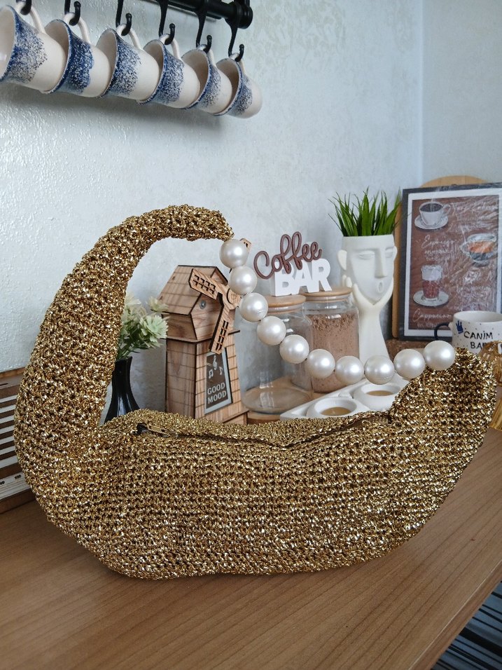 Boncuklu Altın Renkli Örgü Kadın Çanta - Görsel 2