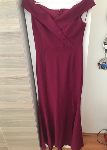 Bordo Drapeli Uzun Abiye Elbise