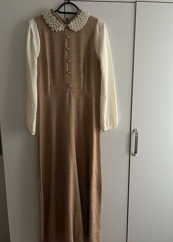 İnci Detaylı Bej Uzun Elbise - Görsel 2