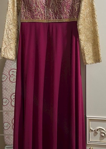 Bordo Dantel Detaylı Uzun Abiye Elbise - Görsel 3