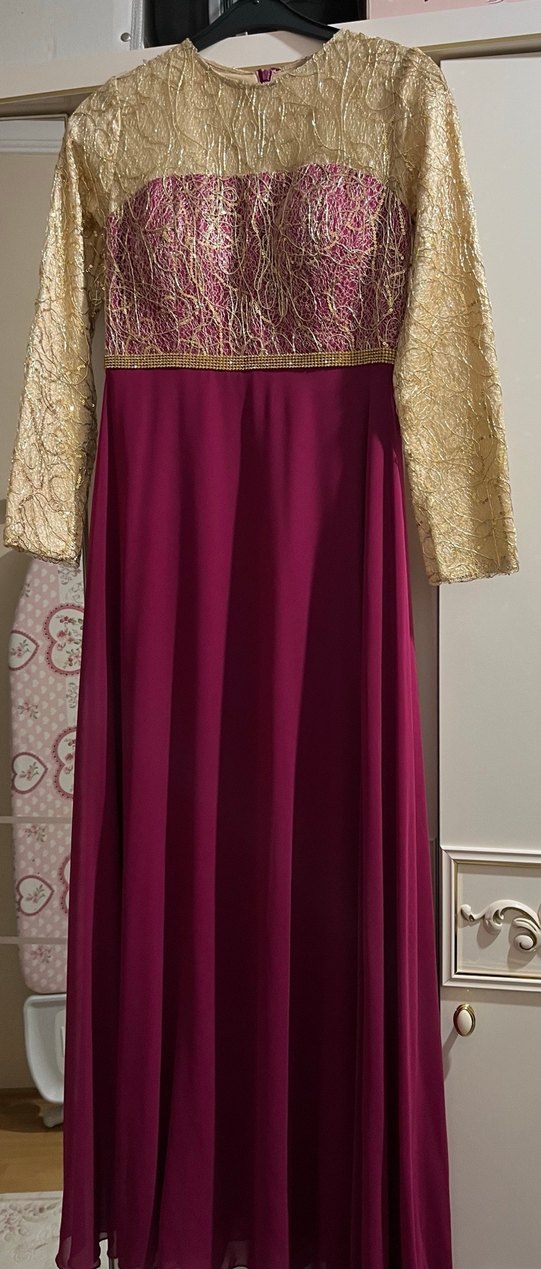 Bordo Dantel Detaylı Uzun Abiye Elbise - Görsel 3