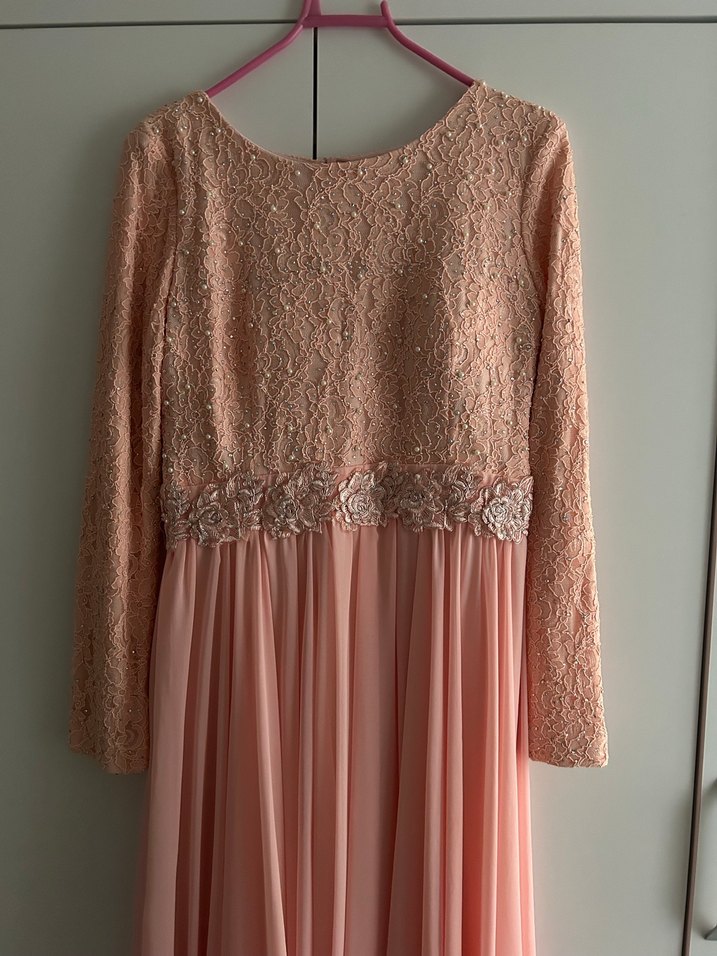 Uzun Dantel Detaylı Pembe Abiye Elbise - Görsel 2