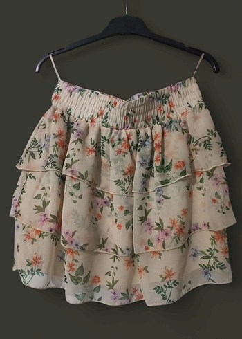 Select Çiçek Desenli Bej Fırfırlı Mini Etek