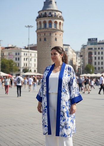 Mavi Çiçek Desenli Uzun Kadın Kimono - Görsel 4