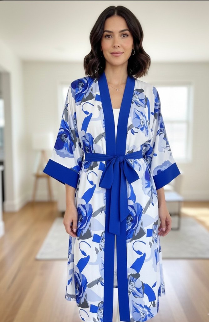Mavi Çiçek Desenli Uzun Kadın Kimono - Görsel 2