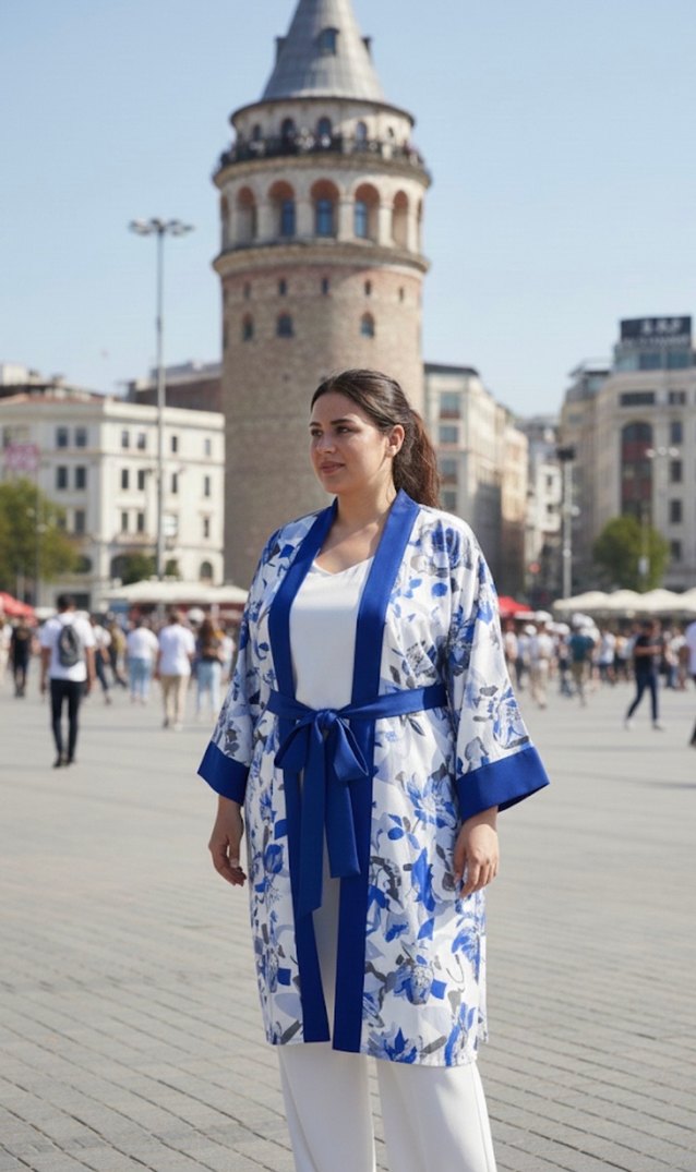 Mavi Çiçek Desenli Uzun Kadın Kimono - Görsel 3