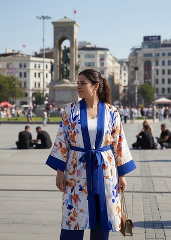 Mavi Uzun Bağlamalı Kadın Kimono - Görsel 2