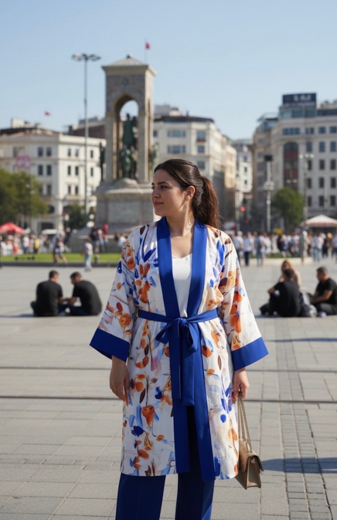Mavi Uzun Bağlamalı Kadın Kimono - Görsel 2