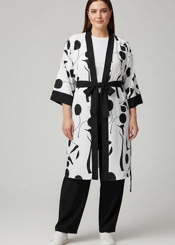 Kadın Gri Beyaz Uzun Kimono - Görsel 2