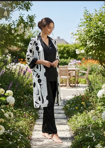 Kadın Gri Beyaz Uzun Kimono - Görsel 3