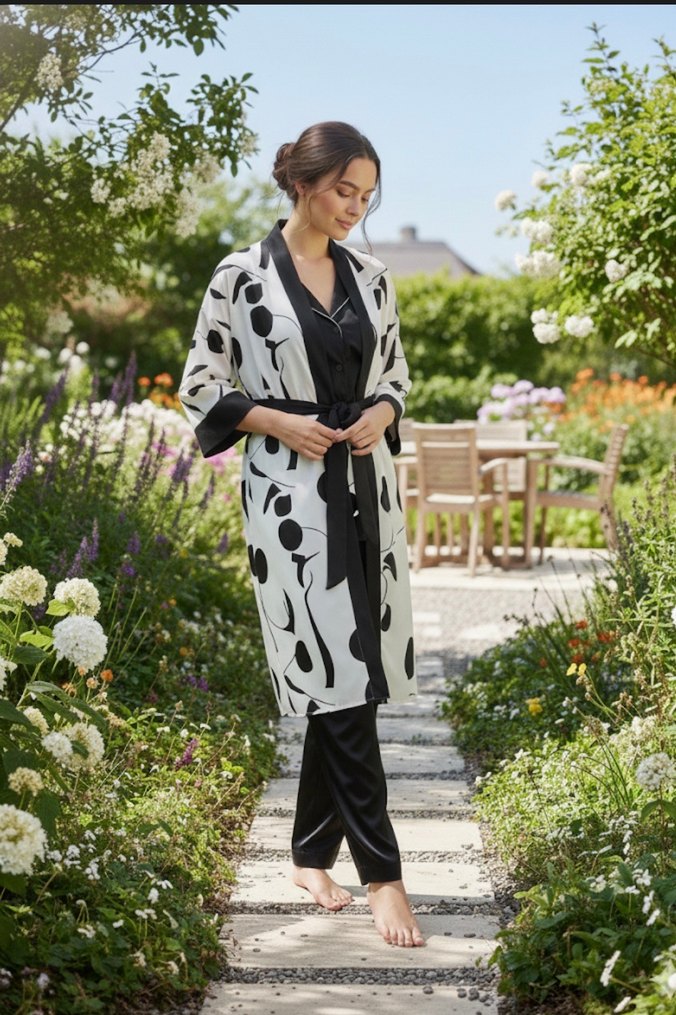 Kadın Gri Beyaz Uzun Kimono - Görsel 4