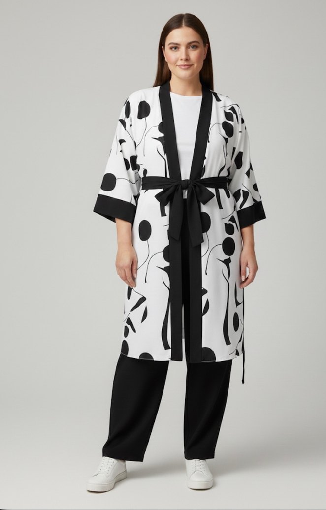 Kadın Gri Beyaz Uzun Kimono - Görsel 2