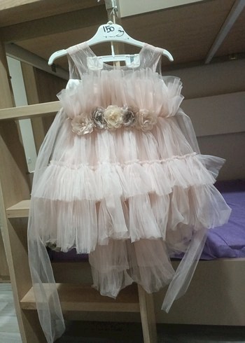 Pembe Nakışlı Çiçek Detaylı Kız Çocuk Elbisesi