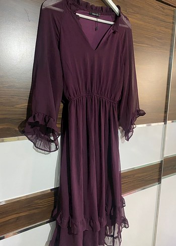 Uzun Bordo Kuşaklı Bohem Elbise - Görsel 4