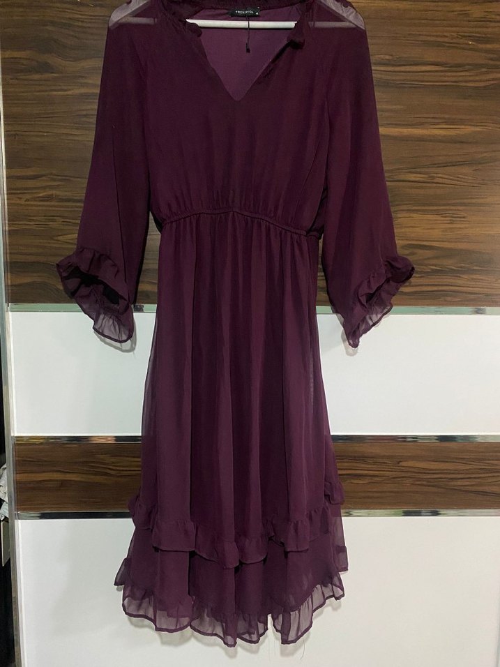 Uzun Bordo Kuşaklı Bohem Elbise - Görsel 5