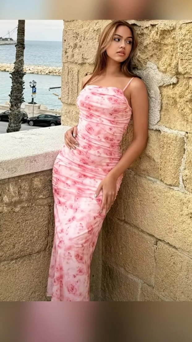 Pembe Drapeli Uzun Askılı Elbise - Görsel 3