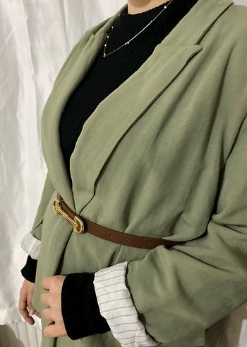 Kemerli Haki Midi blazer ceket