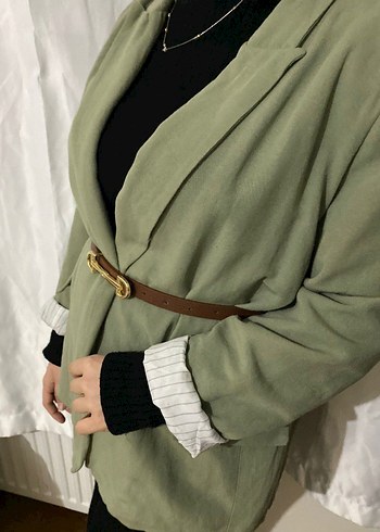 m Beden Kemerli Haki Midi blazer ceket