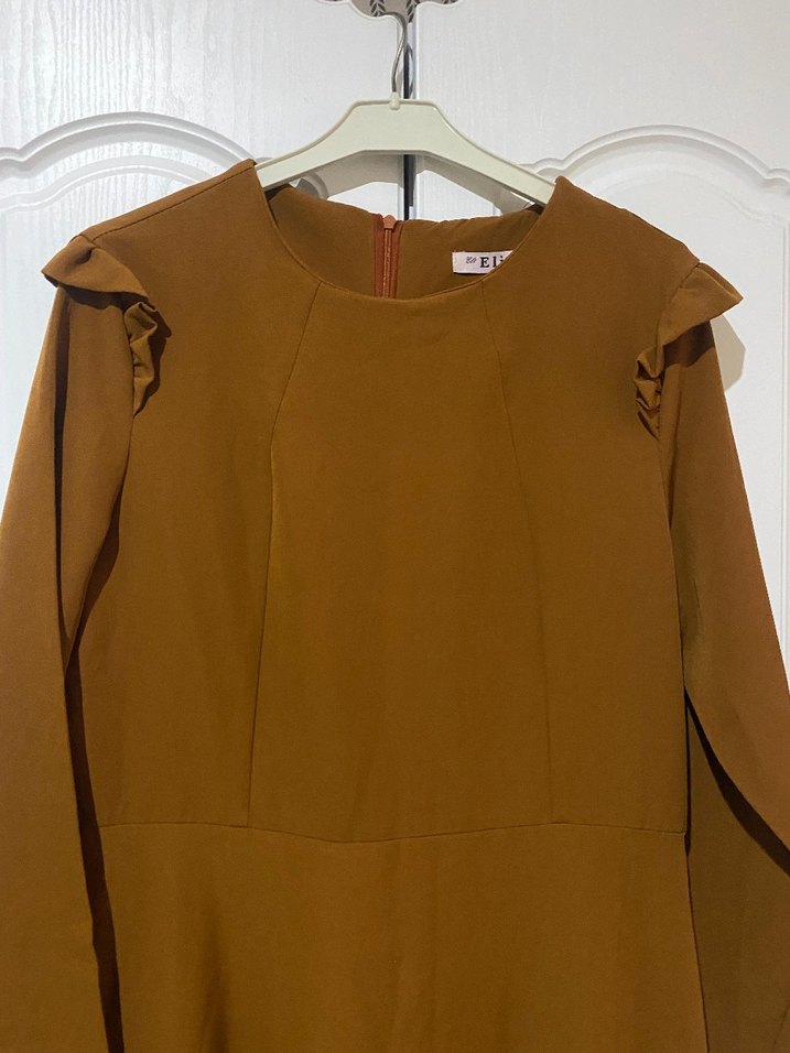 Bej Uzun Kollu Drapeli Kadın Elbise - Görsel 2