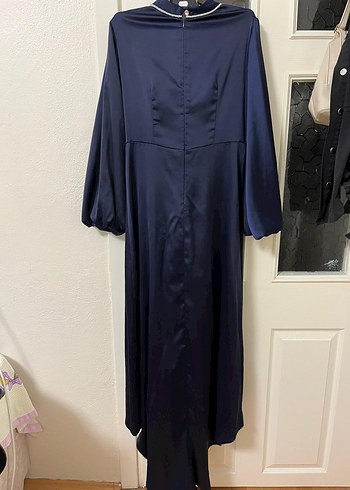 Lacivert Uzun Kollu Drapeli Uzun Elbise - Görsel 2