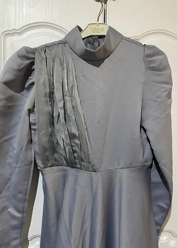 Uzun Kollu Gri Drapeli Uzun Abiye Elbise - Görsel 2