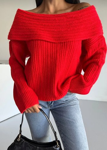 Kırmızı Kayık Yaka Örgü Kadın Kazak - Görsel 2