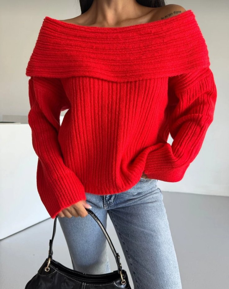 Kırmızı Kayık Yaka Örgü Kadın Kazak - Görsel 2