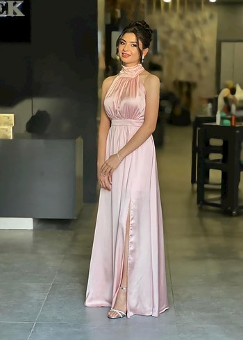 Pembe Drapeli Uzun Abiye Elbise