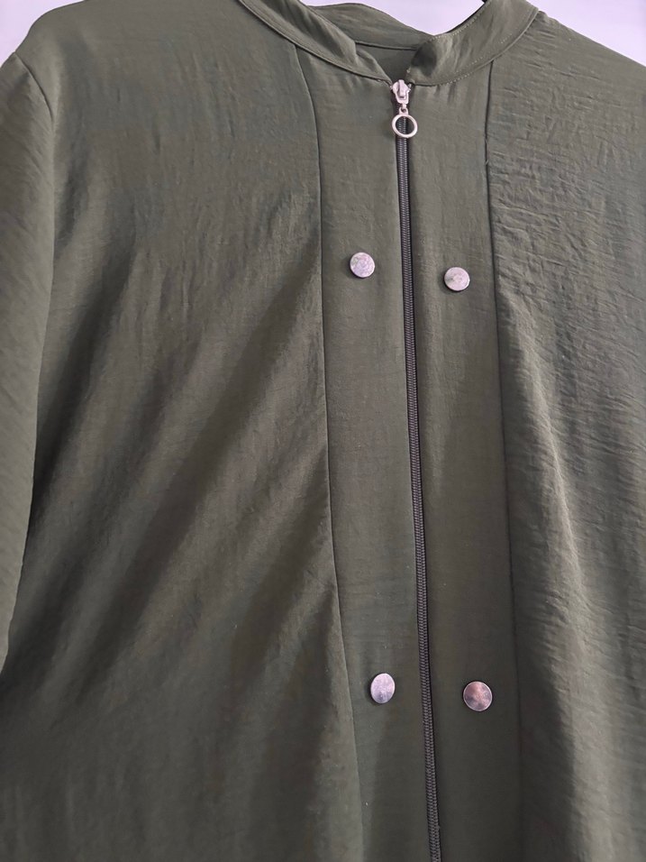 Düğmeli Haki Keten Kadın Uzun Kaban - Görsel 2