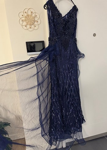 Lacivert Drapeli Uzun Abiye Elbise - Görsel 3