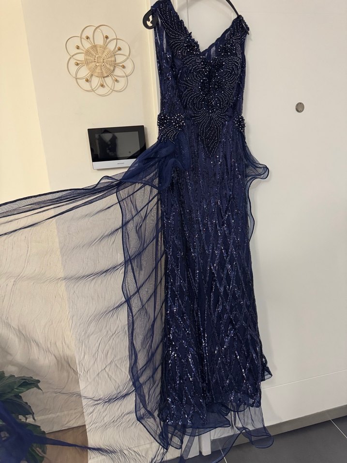 Lacivert Drapeli Uzun Abiye Elbise - Görsel 3