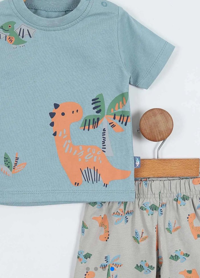 Bebek Erkek Gri Mavi Dinozor Desenli Takım - Görsel 3