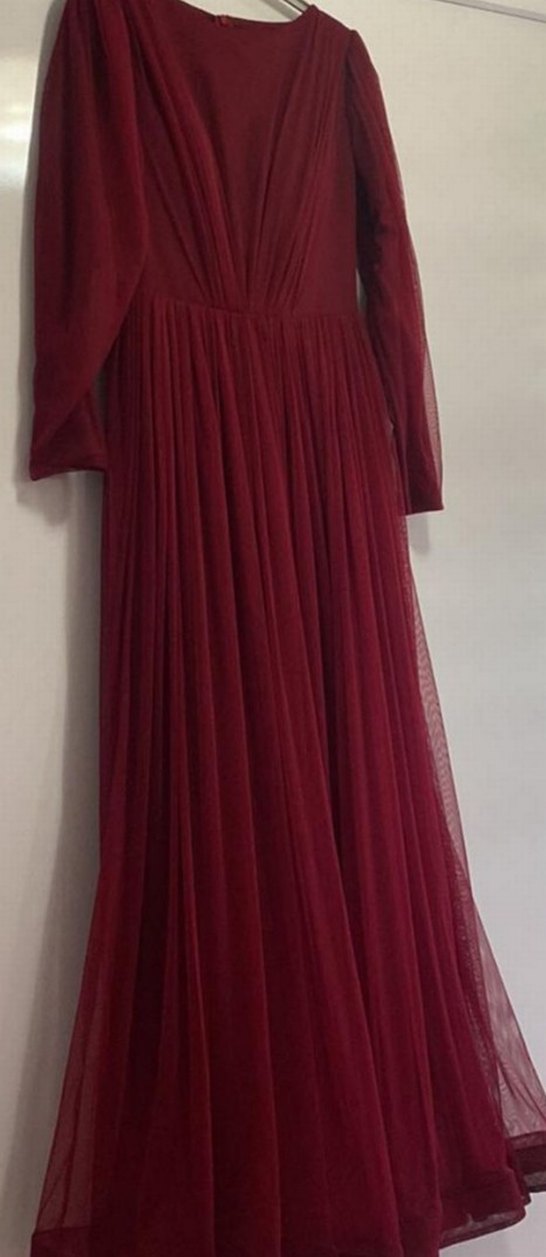 Drapeli Bordo Kadın Uzun Abiye Elbise - Görsel 2
