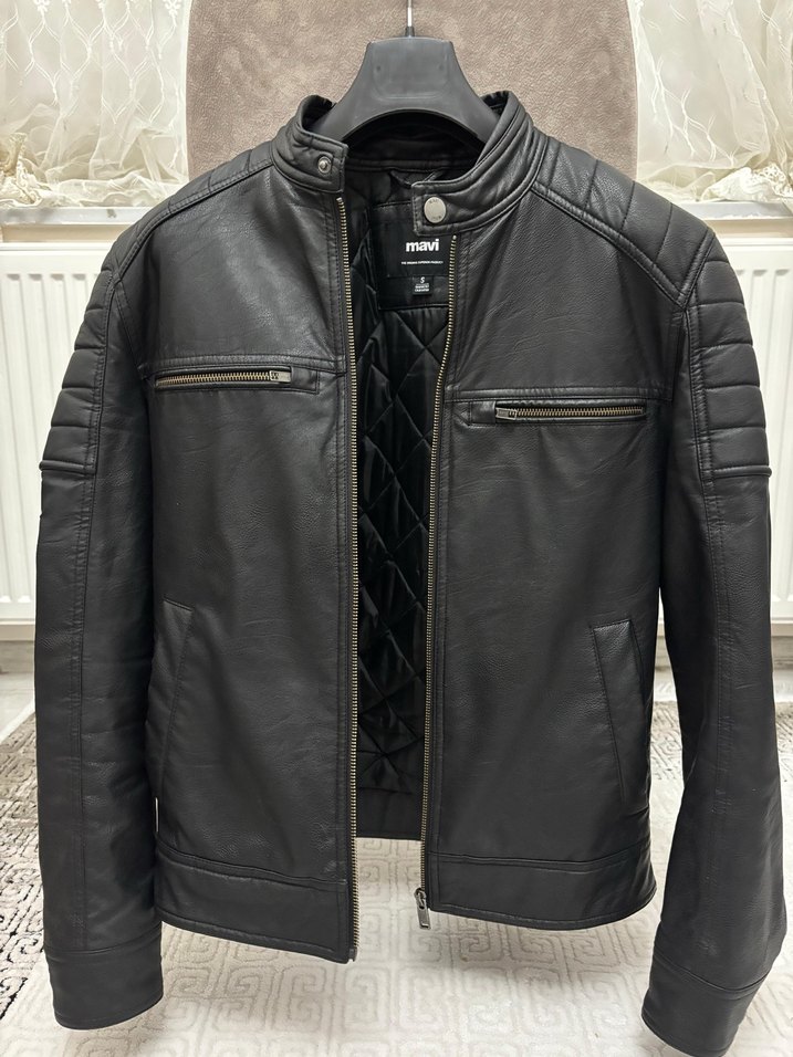 Erkek Siyah Deri Motorcu Ceket - Görsel 2