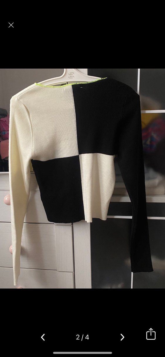 Uzun Kollu, Kısa, Triko Siyah Beyaz Renk BlokluKadın Kazak - Görsel 2