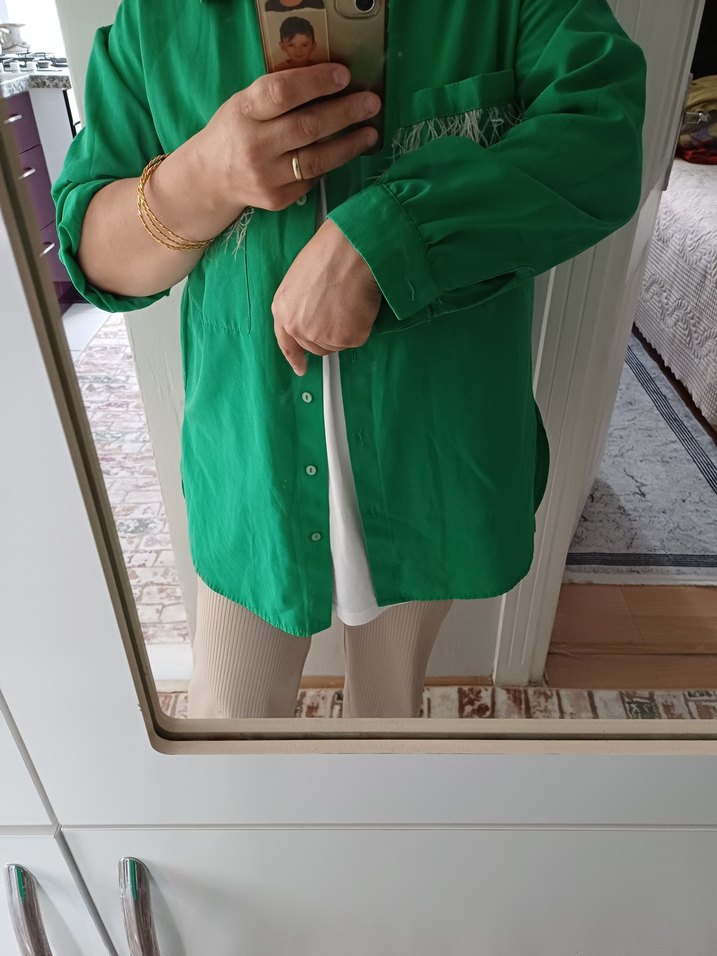 Düğmeli Uzun Kollu Yeşil Salaş Gömlek - Görsel 2